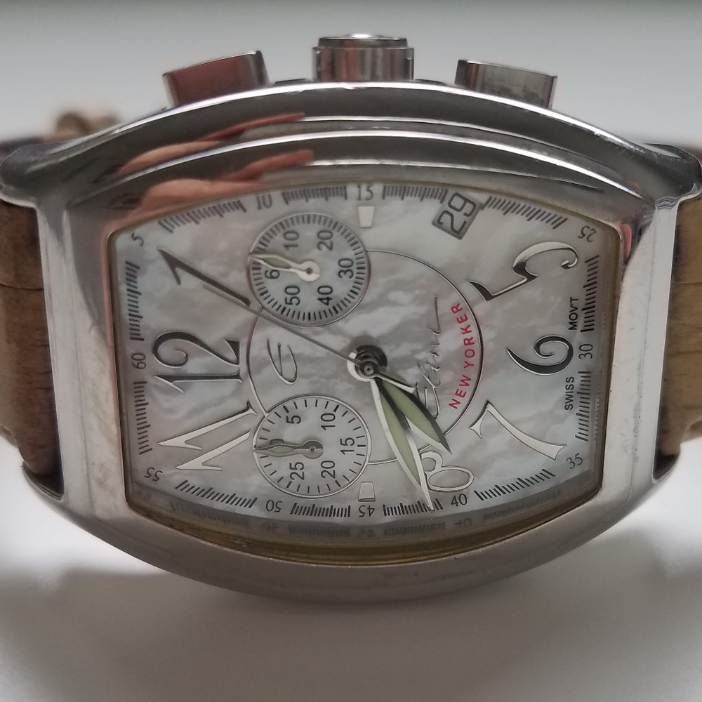 Oversized Pearl-face Watch with Beige leather band